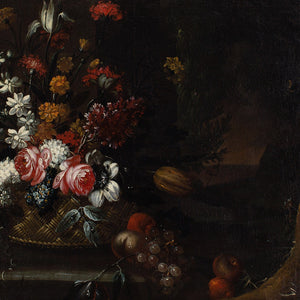 Giuseppe Vincenzino (Circle), Still Life With Basket, Flowers & Fruit On A Stone Ledge