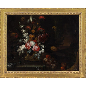 Giuseppe Vincenzino (Circle), Still Life With Basket, Flowers & Fruit On A Stone Ledge