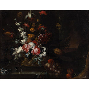 Giuseppe Vincenzino (Circle), Still Life With Basket, Flowers & Fruit On A Stone Ledge