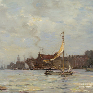 James Campbell Noble RSA, Harbour With Sailboat & Figures