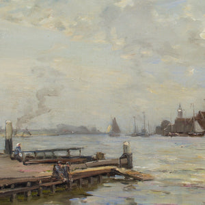 James Campbell Noble RSA, Harbour With Sailboat & Figures