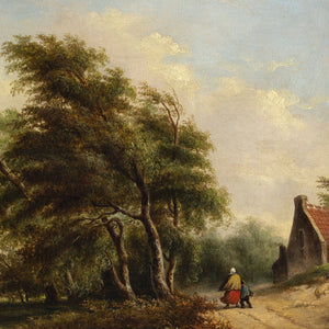 Mid-19th-Century Belgian School, Windswept Landscape With Cottage, Figures & Copse