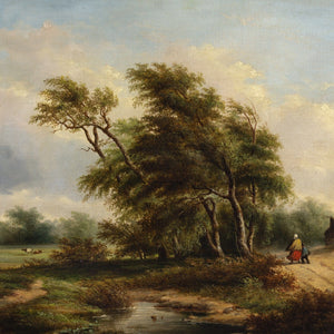 Mid-19th-Century Belgian School, Windswept Landscape With Cottage, Figures & Copse