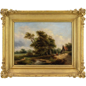 Mid-19th-Century Belgian School, Windswept Landscape With Cottage, Figures & Copse