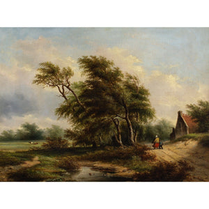 Mid-19th-Century Belgian School, Windswept Landscape With Cottage, Figures & Copse