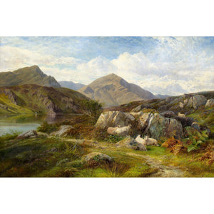 George Cole RBA, Mountainous Landscape With Lake & Grazing Sheep