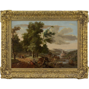 Jacob Van Der Does II, Wooded River Landscape With Hunting Party & Village