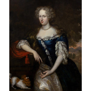 Johannes Vollevens I, Portrait Of A Lady In A Rich Blue Gown With A Spaniel