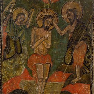 Late 18th-Century Double-Sided Romanian Icon, Three Holy Hierarchs & The Baptism Of Christ