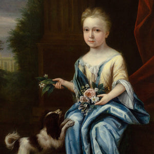 John Verelst (Circle), Portrait Of A Young Lady With Flowers & Spaniel Before A Country House