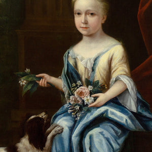 John Verelst (Circle), Portrait Of A Young Lady With Flowers & Spaniel Before A Country House