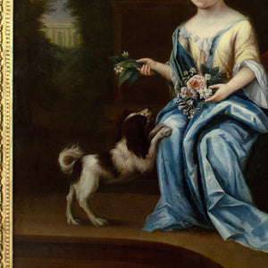 John Verelst (Circle), Portrait Of A Young Lady With Flowers & Spaniel Before A Country House