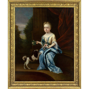 John Verelst (Circle), Portrait Of A Young Lady With Flowers & Spaniel Before A Country House