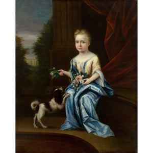 John Verelst (Circle), Portrait Of A Young Lady With Flowers & Spaniel Before A Country House