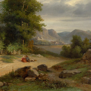 Nicolas Victor Fonville, Landscape With Cottage, Lake & Figures