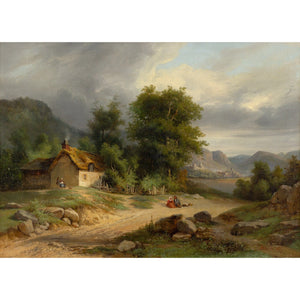 Nicolas Victor Fonville, Landscape With Cottage, Lake & Figures