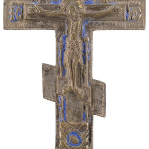 Late 19th-Century Russian Orthodox Crucifixion Icon With Blue Enamelling