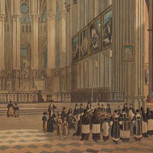 19th-Century Hand-Coloured Engraving, Gothic Cathedral Interior