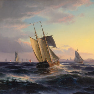19th-Century Danish School Seascape With Fishing Boats & Town Beyond