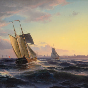 19th-Century Danish School Seascape With Fishing Boats & Town Beyond