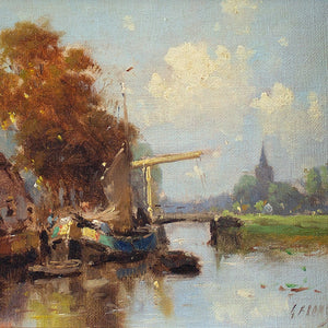 Early 20th-Century Dutch School, Canal View With Cottage & Crane