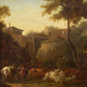W Walker, Late 18th-Century Landscape With Cattle & Ruined Castle In the Distance