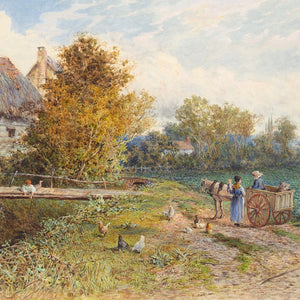 Edgar John Varley, Landscape With Thatched Cottages, Chickens & Family