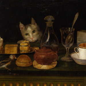 Late 18th-Century Naive Still Life With Cat, Goldfinch & Tea Time Paraphernalia