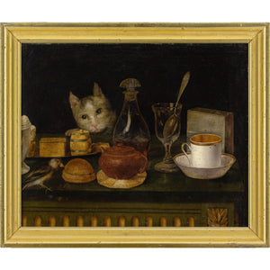 Late 18th-Century Naive Still Life With Cat, Goldfinch & Tea Time Paraphernalia