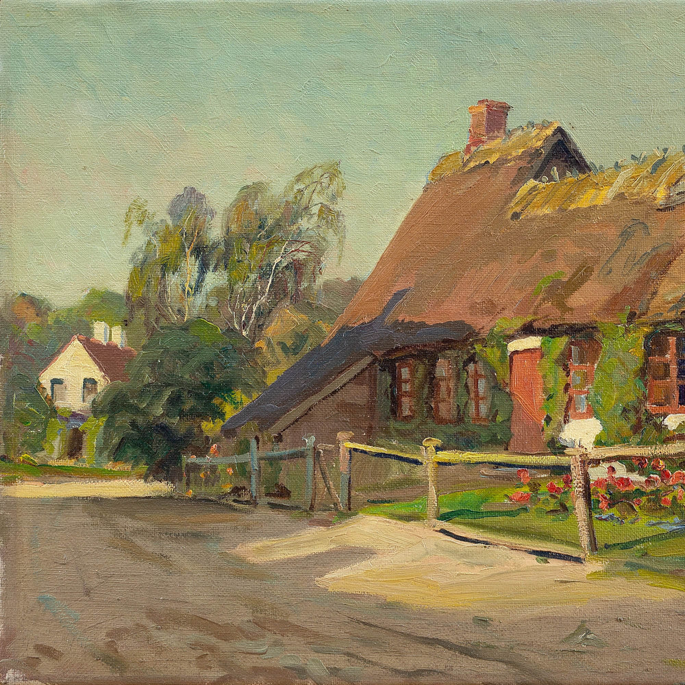 Harald Pryn, Danish Village With Thatched Cottage