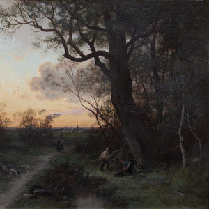 C Rousseau, Evening Landscape With Brushwood Collectors