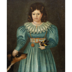 19th-Century Provincial Portrait Of A Girl With A Bird & Dog