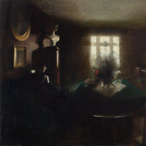 19th-Century Danish School Dark Interior Scene With Lady Sewing