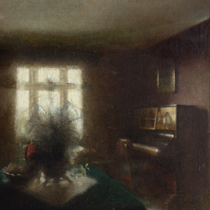 19th-Century Danish School Dark Interior Scene With Lady Sewing