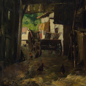 Ernest Betigny, Rustic Barn With Chickens & Cart
