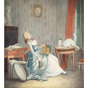 19th-Century Austrian School, Interior Scene With Sleeping Lady, Bird & Cat