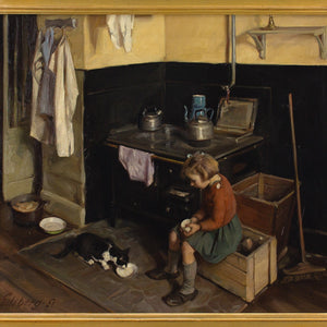 Knud Edsberg, Kitchen Interior With Girl & Cat