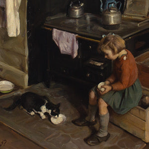 Knud Edsberg, Kitchen Interior With Girl & Cat