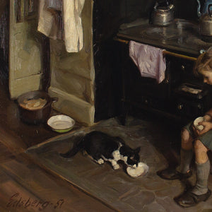 Knud Edsberg, Kitchen Interior With Girl & Cat