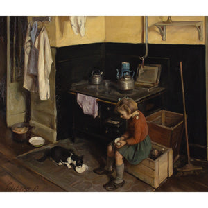 Knud Edsberg, Kitchen Interior With Girl & Cat