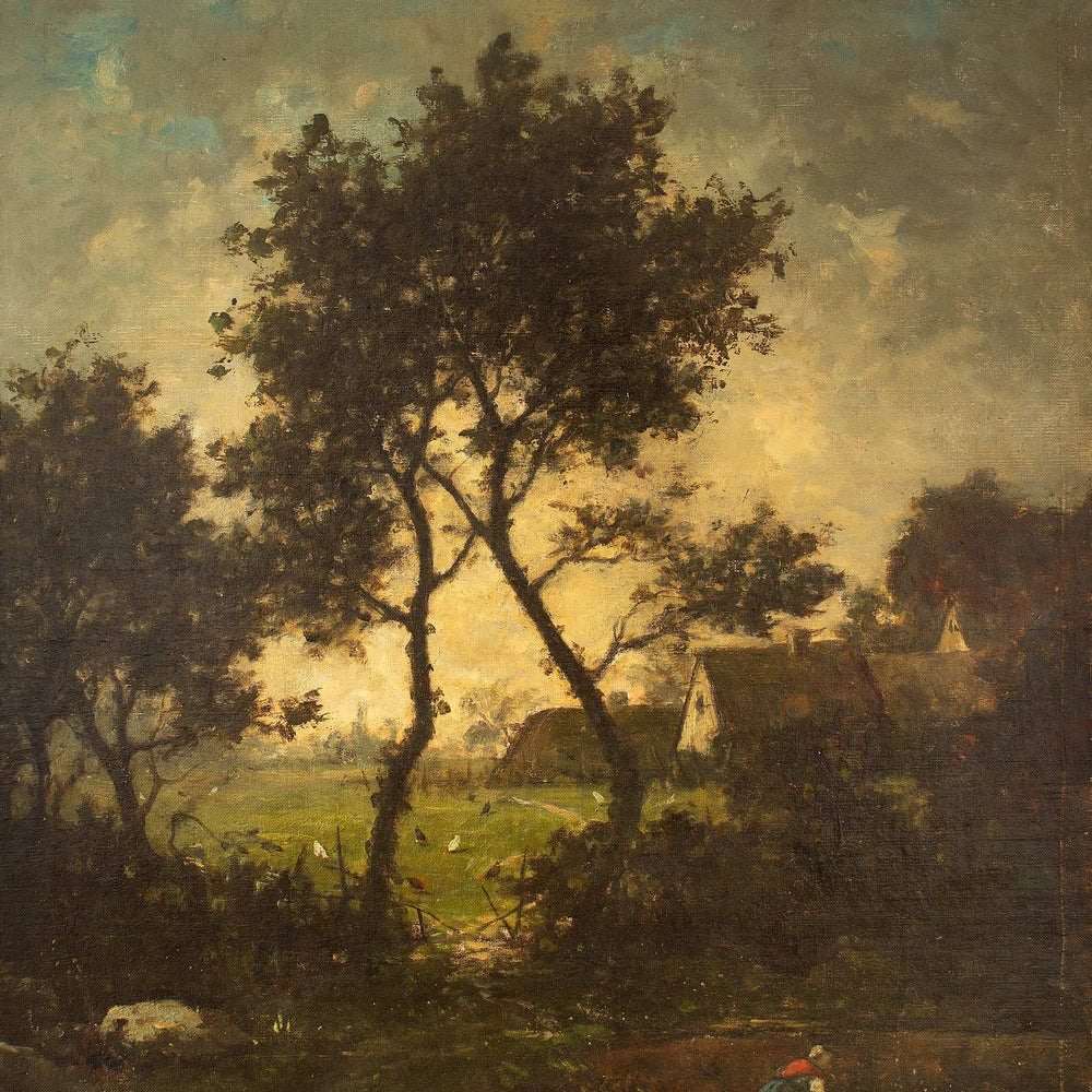 Jules-Louis Dusaussay, Barbizon School Landscape With Cottages, Chickens & Figure
