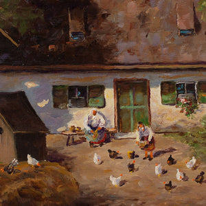 Paul Haslbauer, Farmyard Scene With Farmhouse & Chickens