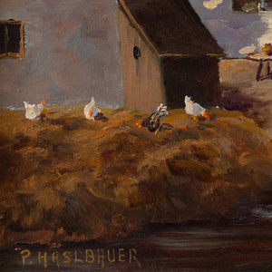 Paul Haslbauer, Farmyard Scene With Farmhouse & Chickens