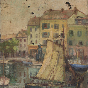 Léopold Lecomte, Marina With Fishing Boats And Storefronts