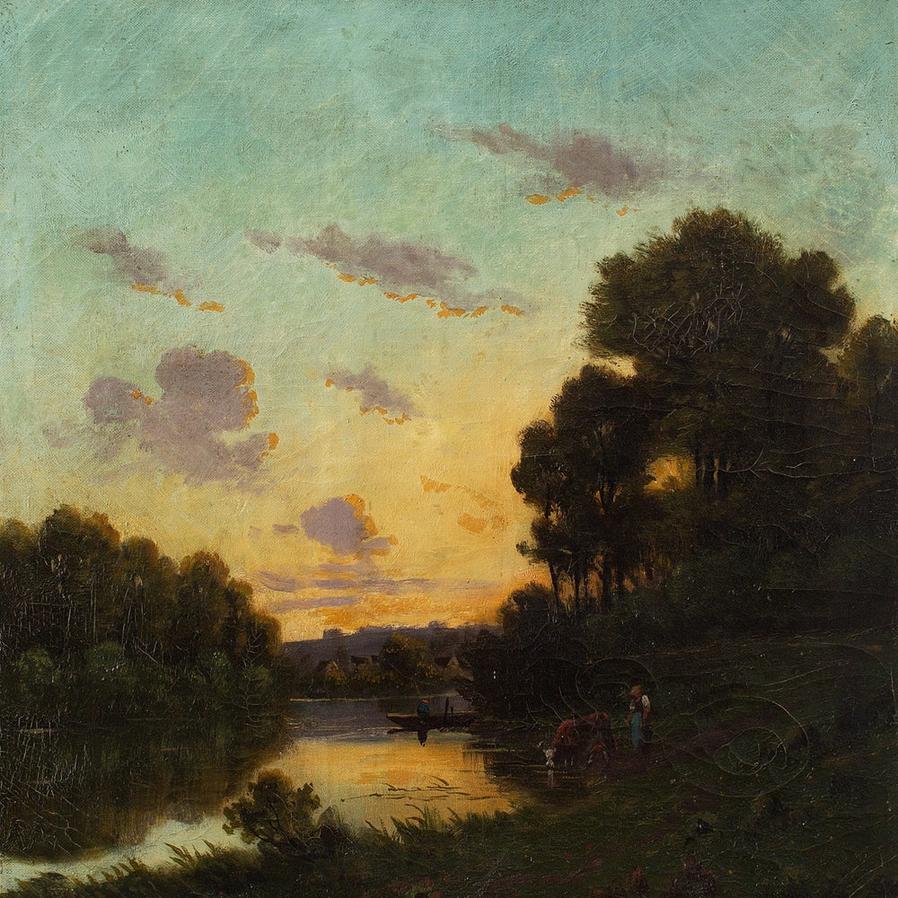 Nicolaï Alexandovitch Okolowicz, River Landscape With Sunset, Fisherman & Cattle