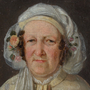 Danish School Portrait Of A Lady With A Floral Bonnet