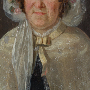 Danish School Portrait Of A Lady With A Floral Bonnet