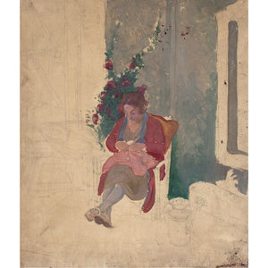 French School Portrait Study Of A Woman Knitting In A Garden