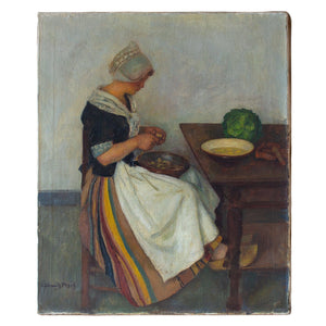 Early 20th Century Dutch School, Peeling Vegetables At The Table