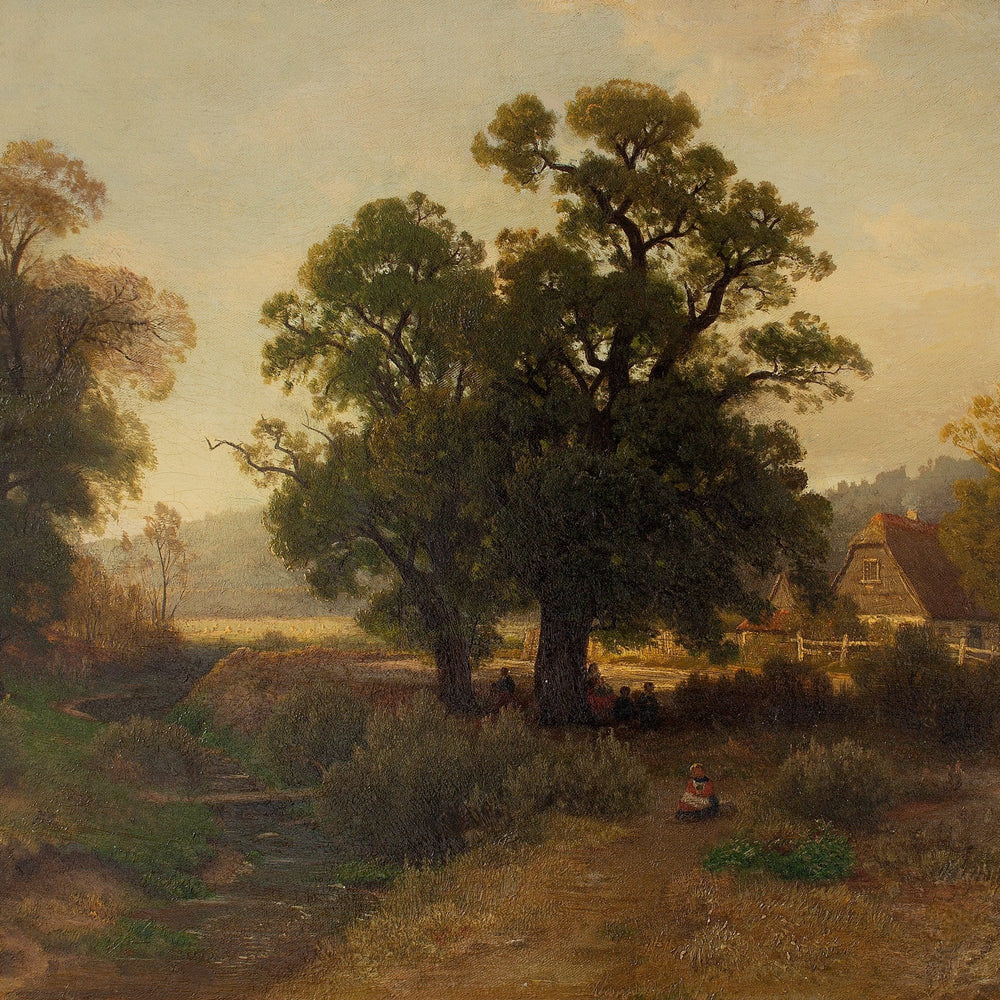 Carl Gustav Rodde, River Landscape At Sunset With Cottages & Villagers
